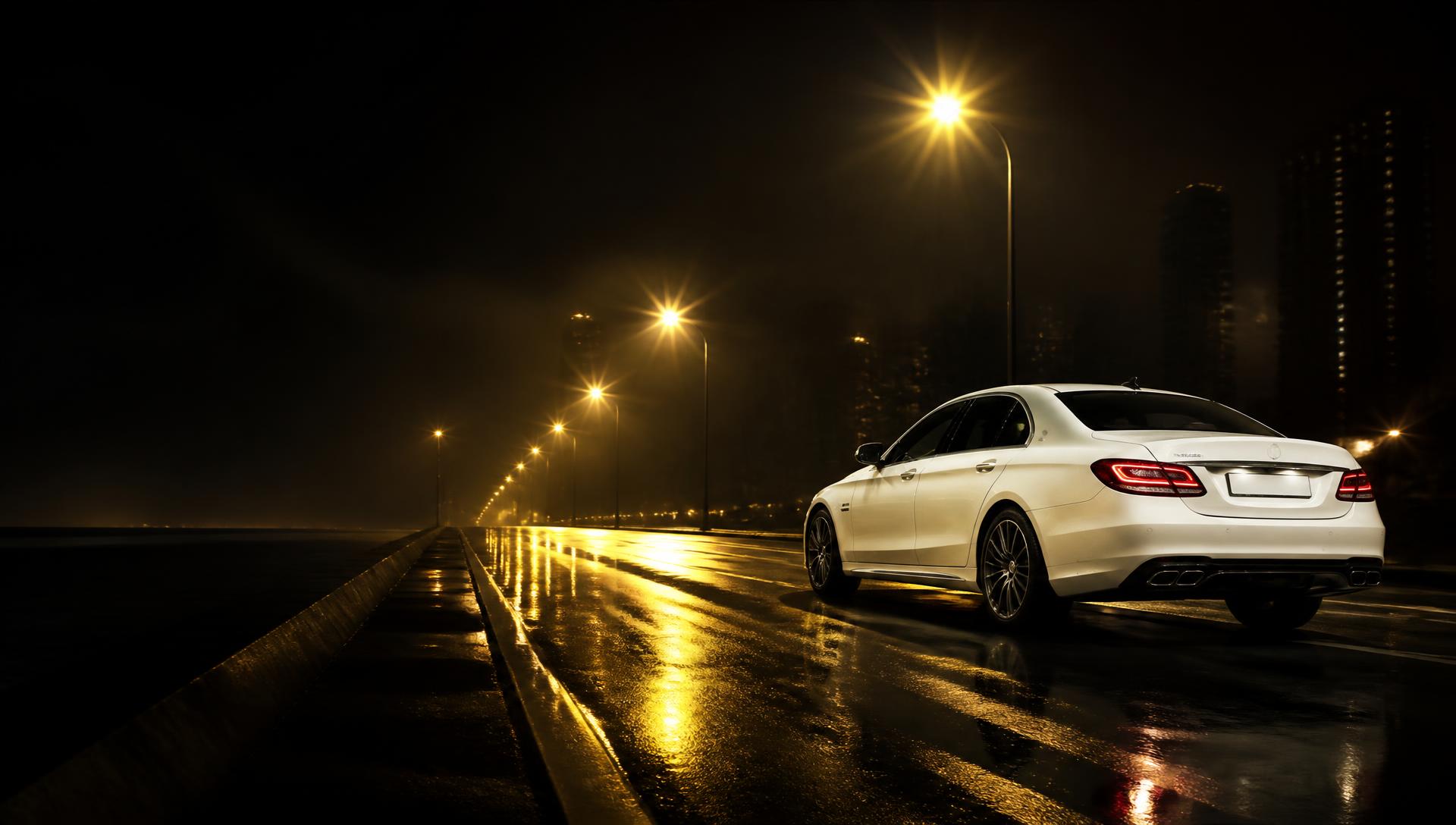 Pearl white rental sedan on a golden lit highway at night